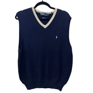 Vtg 90s Polo Ralph Lauren Mens Navy Cotton V-Neck Sweater Vest Pony Academia L